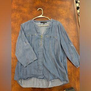 Harve Bernard Jean Zipper Front Butron Sleeve Blouse Top Tencel Size L